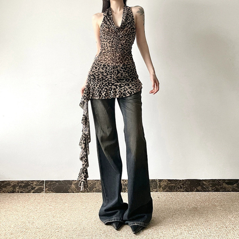 Zara Leopard Print Halter Backless Sleeveless Tie Up Wave Hem Fitted Top